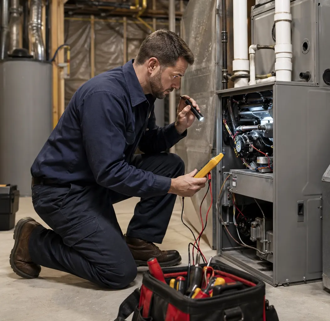 HVAC service technician testing a furnace with a multimeter